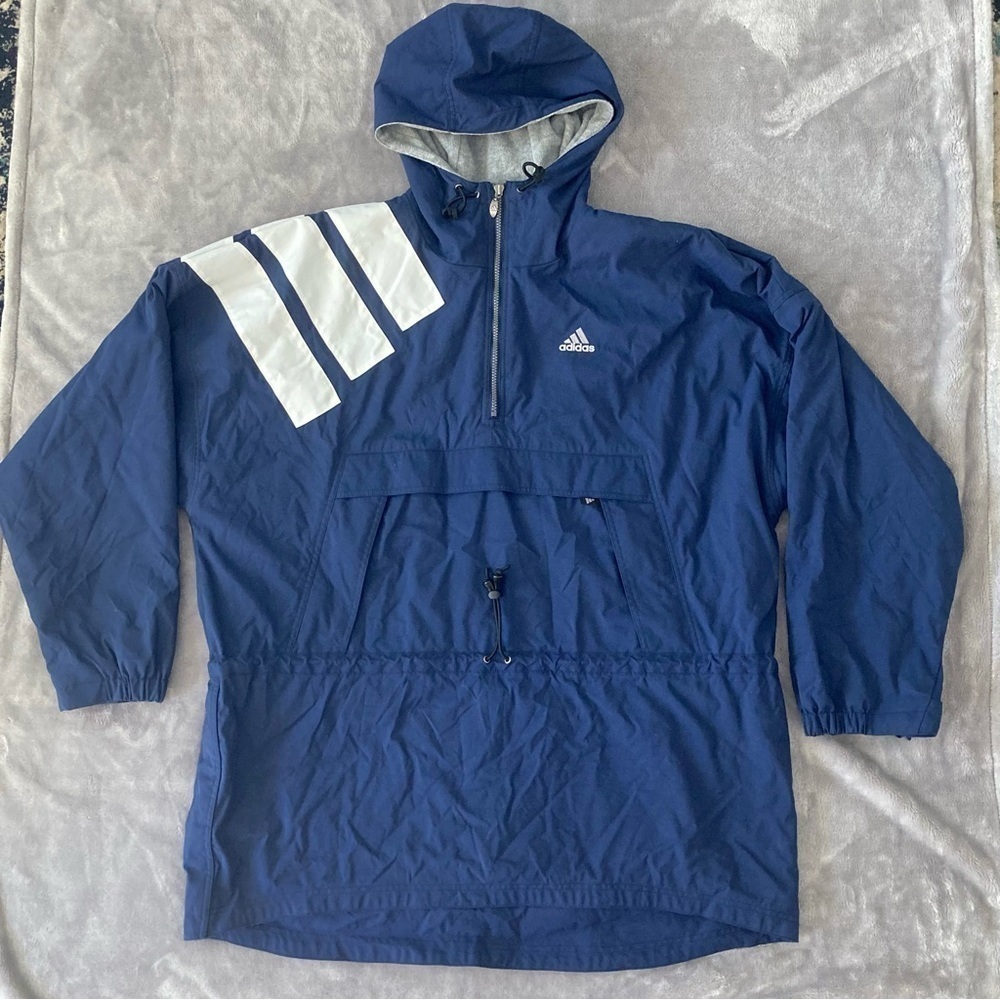 Vintage 90s Adidas Windbreaker Anorak Jacket XL Navy Blue Big Stripe Pullover